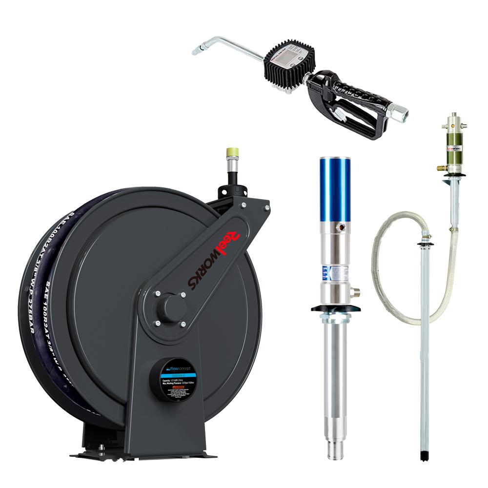 Komplet oliesæt med slangeopruller, digital oliepistol og pumpe 3:1