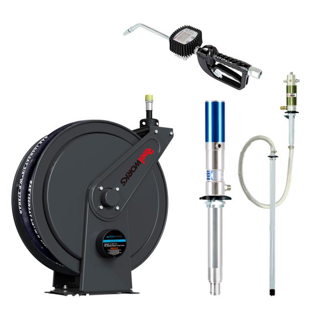 Komplet oliesæt med slangeopruller, digital oliepistol og pumpe 3:1